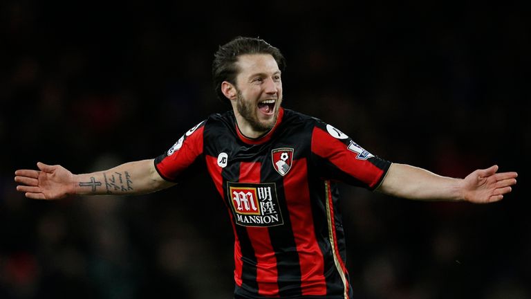 Bournemouth's English-born Irish midfielder Harry Arter celebrates after scoring during the English Premier League football match between Bournemouth and W