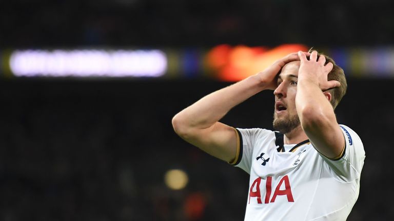 Tottenham Hotspur's English striker Harry Kane reacts after missing a chance during the UEFA Europa League Round of 32 second-leg football match between To