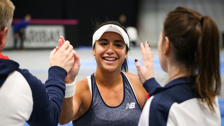 Heather Watson of Great Britain celebrates following her victory during the Fed Cup Europe/Africa Group 1, Pool C Singles 