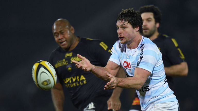 Racing's Henry Chavancy passes the ball during the French Top 14 rugby union match between La Rochelle and Racing 92 on December 03, 2016 at the Marcel Def