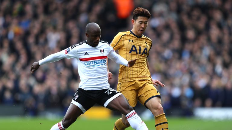 LONDON, ENGLAND - FEBRUARY 19:  Heung-Min Son of Tottenham Hotspur holds off Sone Aluko of Fulham during The Emirates FA Cup Fifth Round match between Fulh
