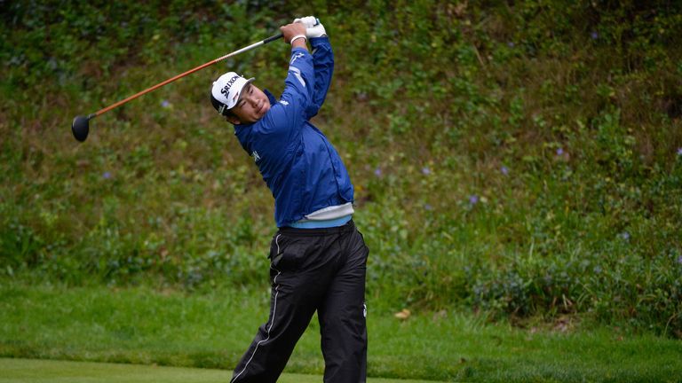 PACIFIC PALISADES, CA - FEBRUARY 17:  Hideki Matsuyama of Japan plays his shot from the 13th tee during the second round at the Genesis Open at Riviera Cou
