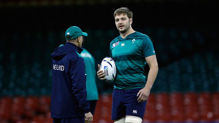 CARDIFF, WALES - OCTOBER 16:  Ireland coach Joe Schmidt (l) chats with player Iain Henderson during Ireland training at the Millennium Stadium on October 1