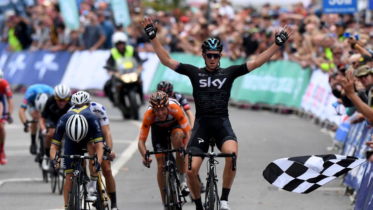 Britain's Ian Stannard of Team Sky celebrates stage four of the 2017 Herald Sun Tour cycling event in Melbourne on February 5, 2017.  / AFP / Mal Faircloug