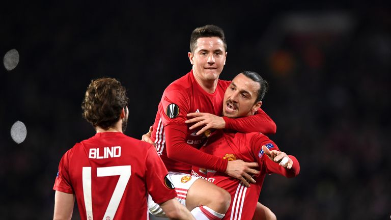Zlatan Ibrahimovic of Manchester United celebrates scoring his sides first goal with Ander Herrera during the UEFA Europa League