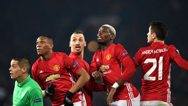 MANCHESTER, ENGLAND - FEBRUARY 16:  (L-R) Anthony Martial, Zlatan Ibrahimovic, Paul Pogba and Ander Herrera of Manchester United await a cross during the U