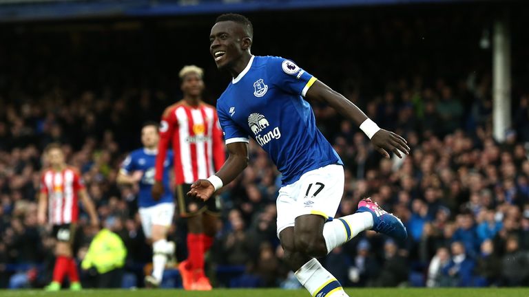 Idrissa Gueye celebrates scoring for Everton against Sunderland
