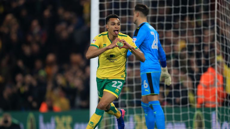 Norwich City's Jacob Murphy celebrates scoring his side's first goal of the game during the Sky Bet Championship match at Carrow Road, Norwich.