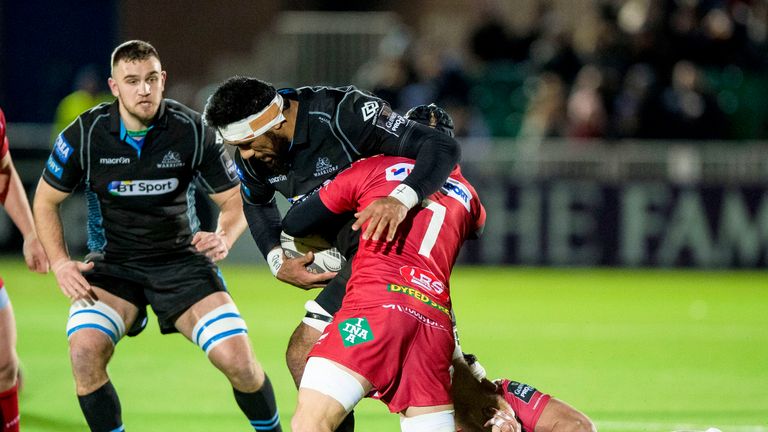 Glasgow, Scotland 10/2/2017.Glasgow Warriors vs Scarlets.Scarlets Aaron Shingler and James Davies tackle Brian Alainuuese of Glasgow.