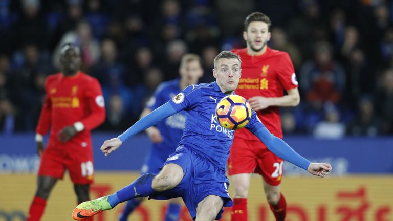 Leicester City's English striker Jamie Vardy takes a shot during the English Premier League football match between Leicester City and Liverpool at King Pow