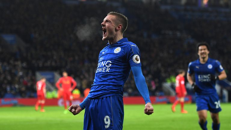 LEICESTER, ENGLAND - FEBRUARY 27:  Jamie Vardy of Leicester City celebrates after scoring his second and his sides third goal during the Premier League mat