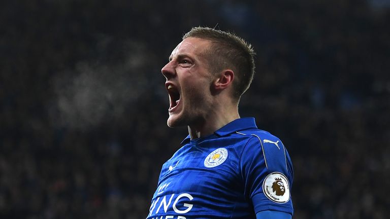 LEICESTER, ENGLAND - FEBRUARY 27:  Jamie Vardy of Leicester City celebrates after scoring his second and his sides third goal during the Premier League mat
