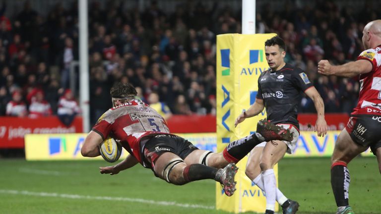 Gloucester's Jeremy Thrush scores a try