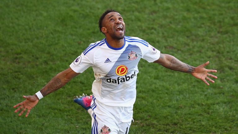 LONDON, ENGLAND - FEBRUARY 04:  (Retransmission of image #633789378 with alternative crop) Jermain Defoe of Sunderland celebrates scoring his sides third g