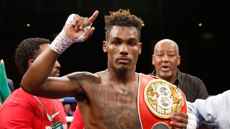 LAS VEGAS, NV - MAY 21:  IBF junior middleweight champion Jermall Charlo poses after defeating Austin Trout at The Chelsea at The Cosmopolitan of Las Vegas