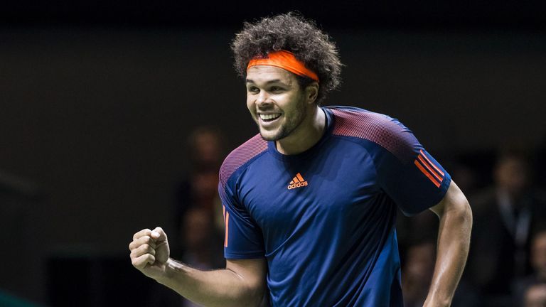 France's Jo-Wilfried Tsonga celebrates after winning his quarter final tennis match against Croatia's Marin Cilic during the ABN Amro World Tennis Tourname