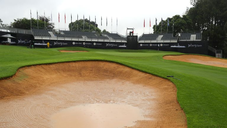 JOHANNESBURG, SOUTH AFRICA - FEBRUARY 23:  A waterlogged bunker after play was suspended during day one of the Joburg Open at the Royal Johannesburg and Ke