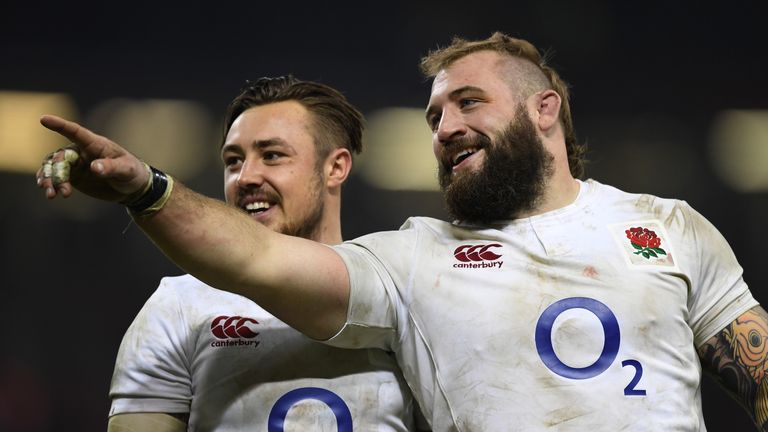 Jack Nowell and Joe Marler of England celebrate following their team's 21-16 victory over Wales