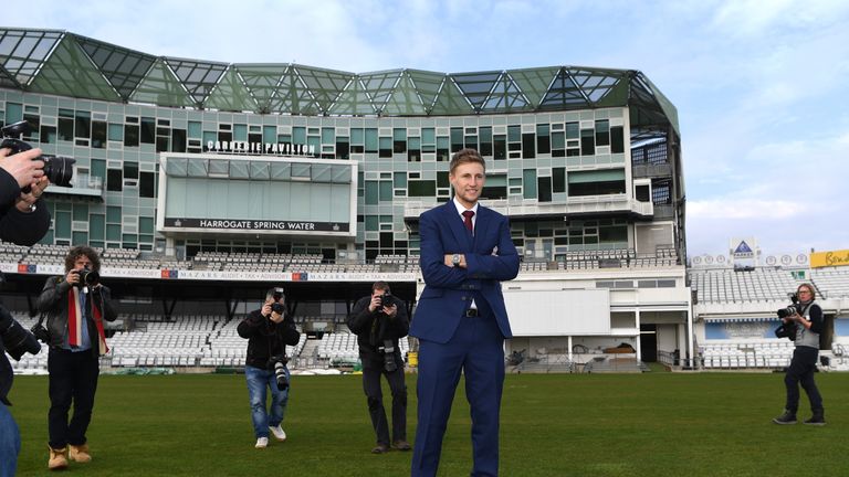 LEEDS, ENGLAND - FEBRUARY 15:  Joe Root of England wlaks out onto the pitch as he poses for photos during a Joe Root Press Conference at Headingley on Febr
