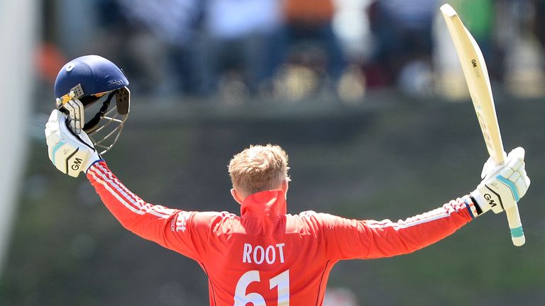 Joe Root celebrates scoring his maiden ODI ton during the third ODI in Antigua