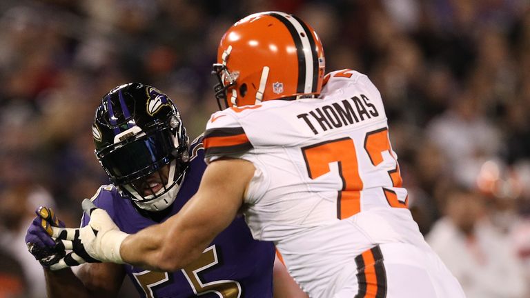 BALTIMORE, MD - NOVEMBER 10: Outside linebacker Terrell Suggs #55 of the Baltimore Ravens works against tackle Joe Thomas #73 of the Cleveland Browns in th