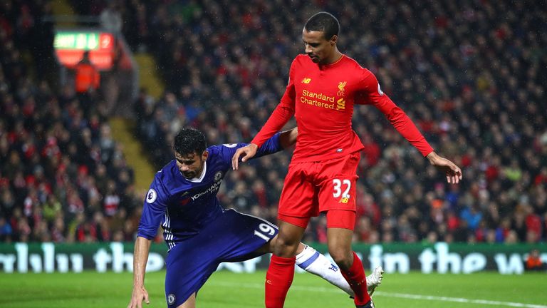 Joel Matip of Liverpool challenges Diego Costa of Chelsea during the 1-1 draw at Anfield