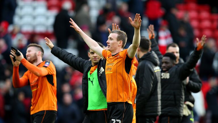 LIVERPOOL, ENGLAND - JANUARY 28:  Jon Dadi Bodvarsson of Wolverhampton Wanderers and team mates celebrate victory the Emirates FA Cup Fourth Round match be