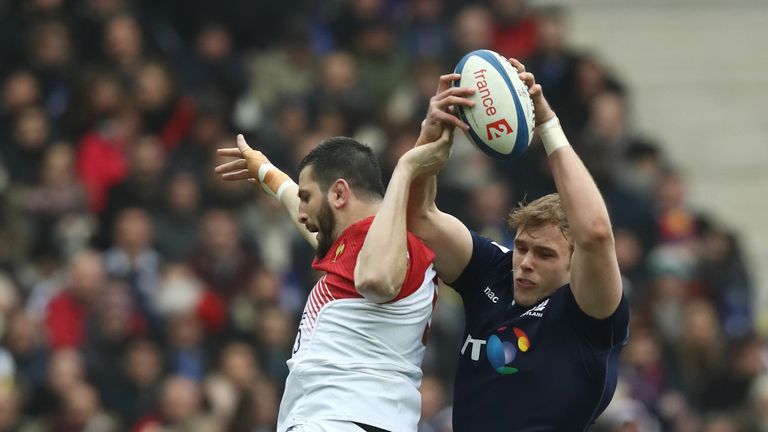 PARIS, FRANCE - FEBRUARY 12:  Jonny Gray of Scotland wins lineout ball during the RBS Six Nations match between France and Scotland at Stade de France on F