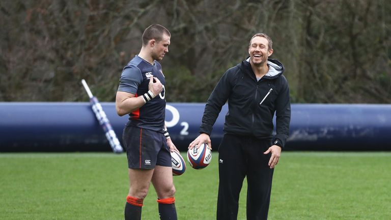 Jonny Wilkinson laughs with Mike Brown during England training at Pennyhill Park on Wednesday