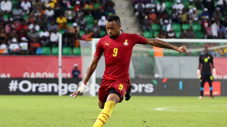 Ghana's forward Jordan Ayew prepares to kick the ball during the 2017 Africa Cup of Nations third place football match between Burkina Faso and Ghana in Po