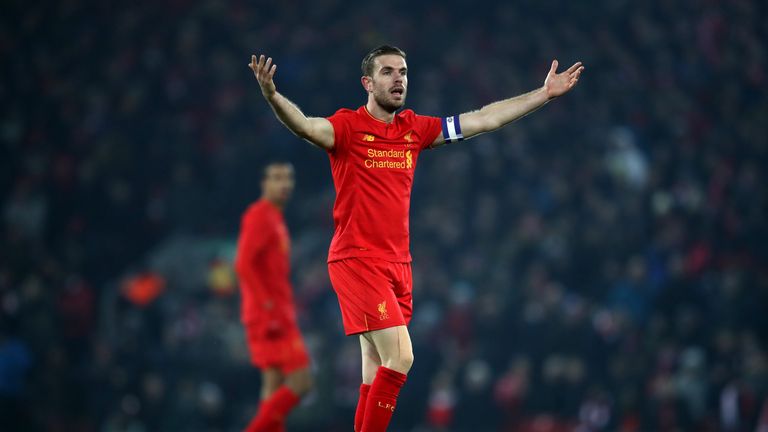 LIVERPOOL, ENGLAND - JANUARY 25: Jordan Henderson of Liverpool reacts  during the EFL Cup Semi-Final Second Leg match between Liverpool and Southampton at 