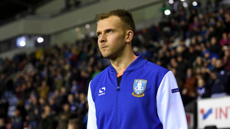 WIGAN, ENGLAND - FEBRUARY 03: Jordan Rhodes of Sheffield Wednesday  during the Sky Bet Championship match between Wigan Athletic and Sheffield Wednesday at