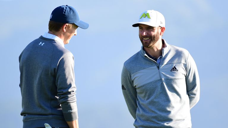 Dustin Johnson and Jordan Spieth during Round Three of the AT&T Pebble Beach Pro-Am at Pebble Beach