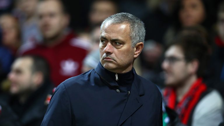 MANCHESTER, ENGLAND - FEBRUARY 16:  Jose Mourinho, Manager of Manchester United looks on during the UEFA Europa League Round of 32 first leg match between 