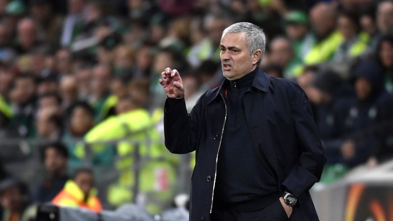 Manchester United's Portuguese coach Jose Mourinho gestures during the UEFA Europa League football match between AS Saint-Etienne and Manchester United on 