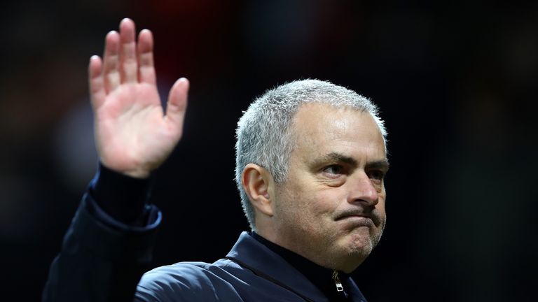 MANCHESTER, ENGLAND - FEBRUARY 16:  Jose Mourinho, Manager of Manchester United applauds supporters during the UEFA Europa League Round of 32 first leg mat