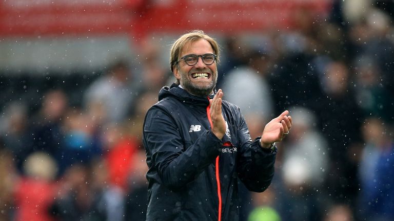 Liverpool manager Jurgen Klopp celebrates after the Premier League match at the Liberty Stadium, Swansea.