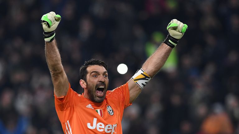 Gianluigi Buffon of Juventus celebrates victory over Crotone 