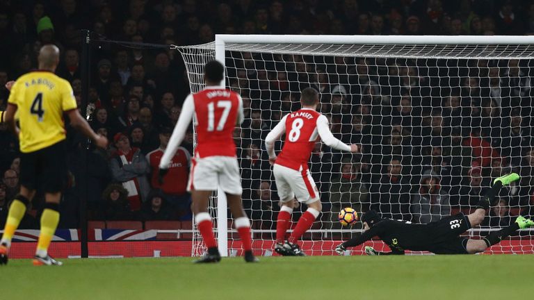 Arsenal's Welsh midfielder Aaron Ramsey (2R) watches as Arsenal's Czech goalkeeper Petr Cech (R) fails to save a shot from Watford's French midfielder Youn