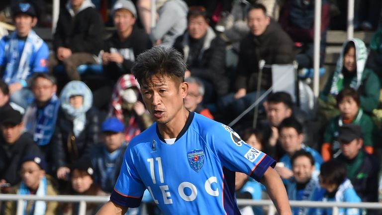 Former Japan striker Kazuyoshi Miura of the J-League second-tier club mYokohama FC keeps the ball during the opening match of 2017 season against Matsumoto
