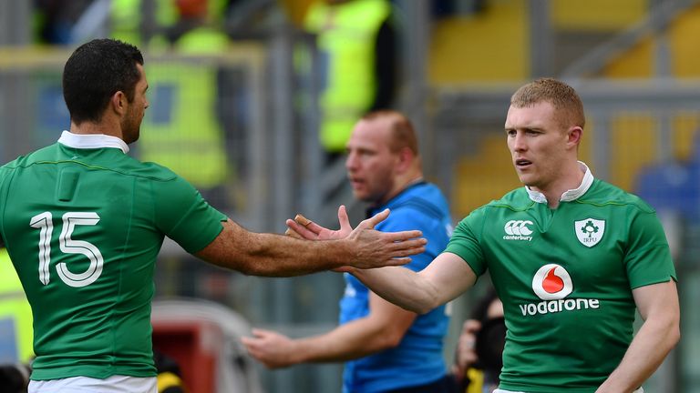 Keith Earls is congratulated by Rob Kearney after opening the scoring