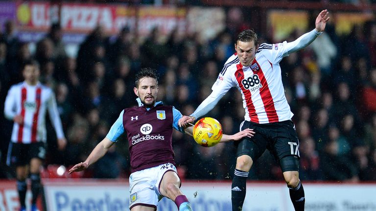 Aston Villa's Conor Hourihane and Konstantin Kerschbaumer of Brentford battle for the ball