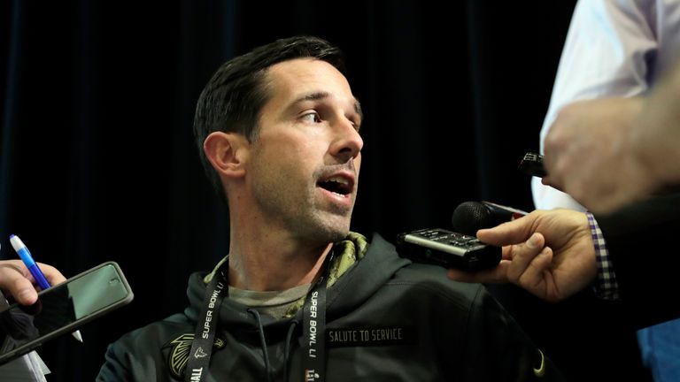 HOUSTON, TX - FEBRUARY 01:  Offensive Coordinator Kyle Shanahan of the Atlanta Falcons speaks with the media during a Super Bowl LI press conference on Feb