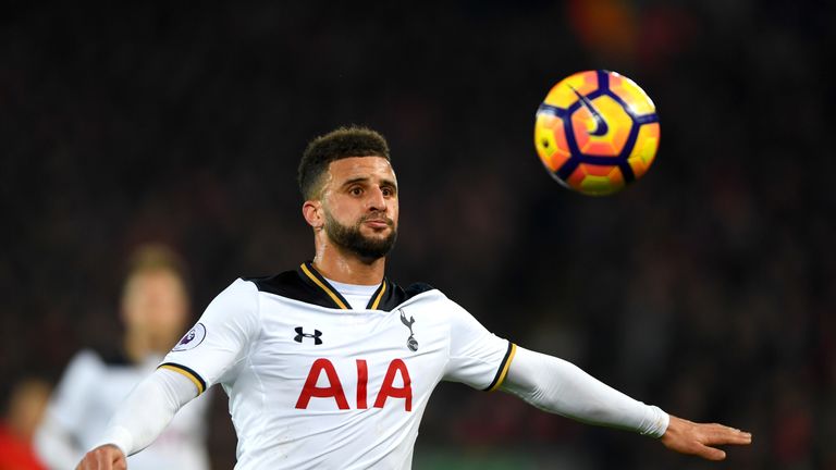 LIVERPOOL, ENGLAND - FEBRUARY 11: Kyle Walker of Tottenham Hotspur in action during the Premier League match between Liverpool and Tottenham Hotspur at Anf