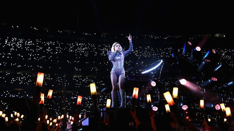 HOUSTON, TX - FEBRUARY 05: Lady Gaga performs during the Pepsi Zero Sugar Super Bowl 51 Halftime Show at NRG Stadium on February 5, 2017 in Houston, Texas.