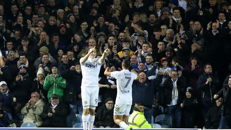 Leeds United's Chris Wood (left) celebrates scoring his side's first goal of the game during the Sky Bet Championship match at Elland Road, Leeds.