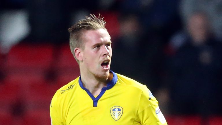 Leeds United's Pontus Jansson celebrates scoring the winner at Blackburn