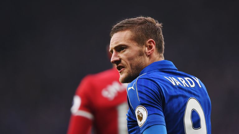 LEICESTER, ENGLAND - FEBRUARY 05:  Jamie Vardy of Leicester City reacts during the Premier League match between Leicester City and Manchester United at The