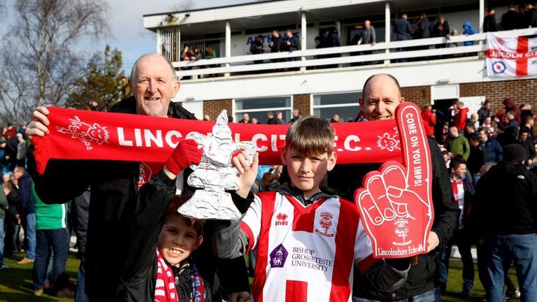 BURNLEY, ENGLAND - FEBRUARY 18:  Lincoln City fans enjoy the pre match atmosphere prior to The Emirates FA Cup Fifth Round match between Burnley and Lincol