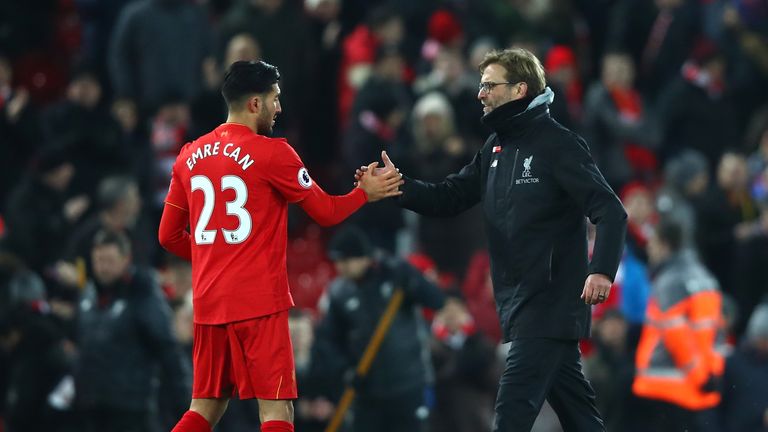 LIVERPOOL, ENGLAND - FEBRUARY 11: Jurgen Klopp, Manager of Liverpool celebrates with Emre Can after the Premier League match between Liverpool and Tottenha